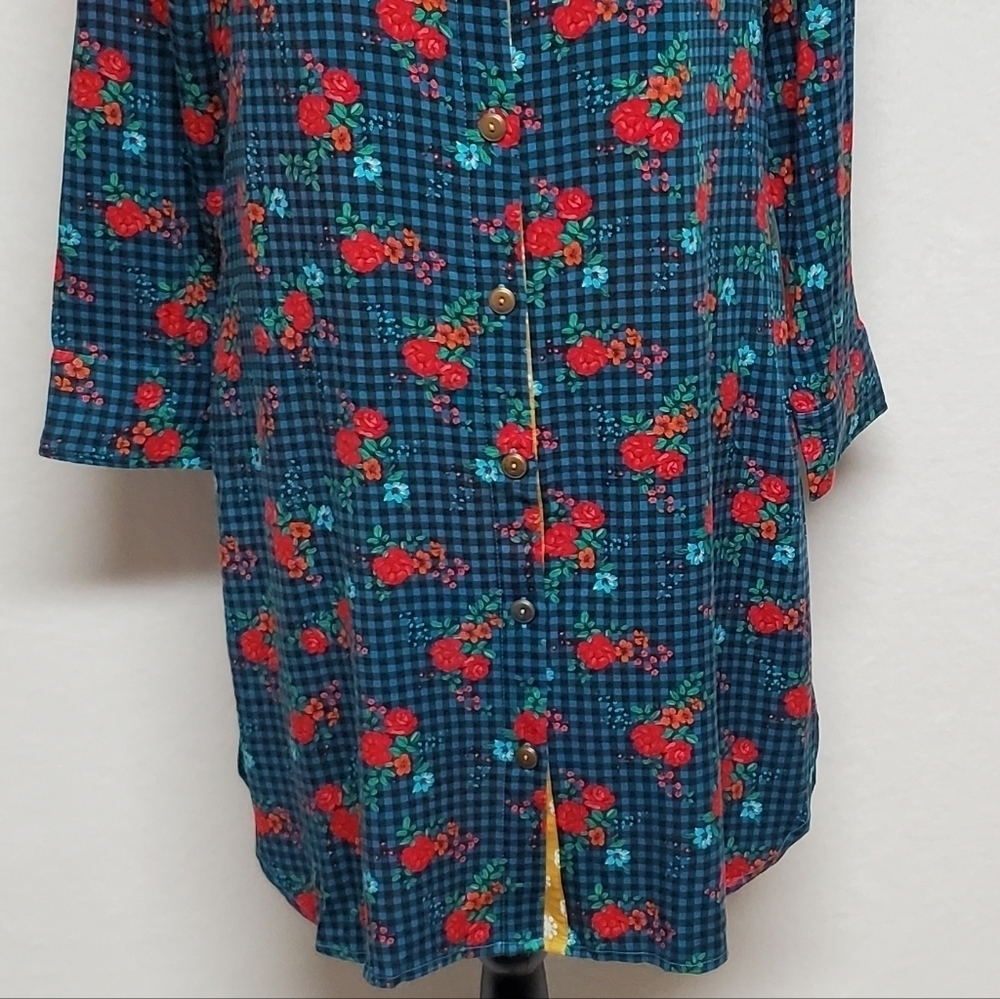 MATILDA Jane Fa La La Blue Plaid Red Rose Floral Button Up Midi Dress XS - Picture 5 of 14
